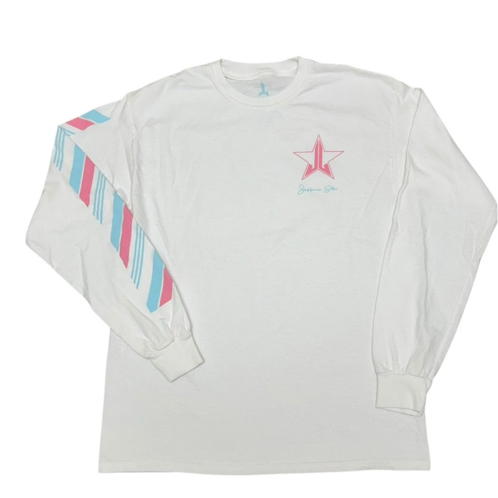 White Long Sleeve Jeffree Star Shirt with Pink Star Design and Snowflake!